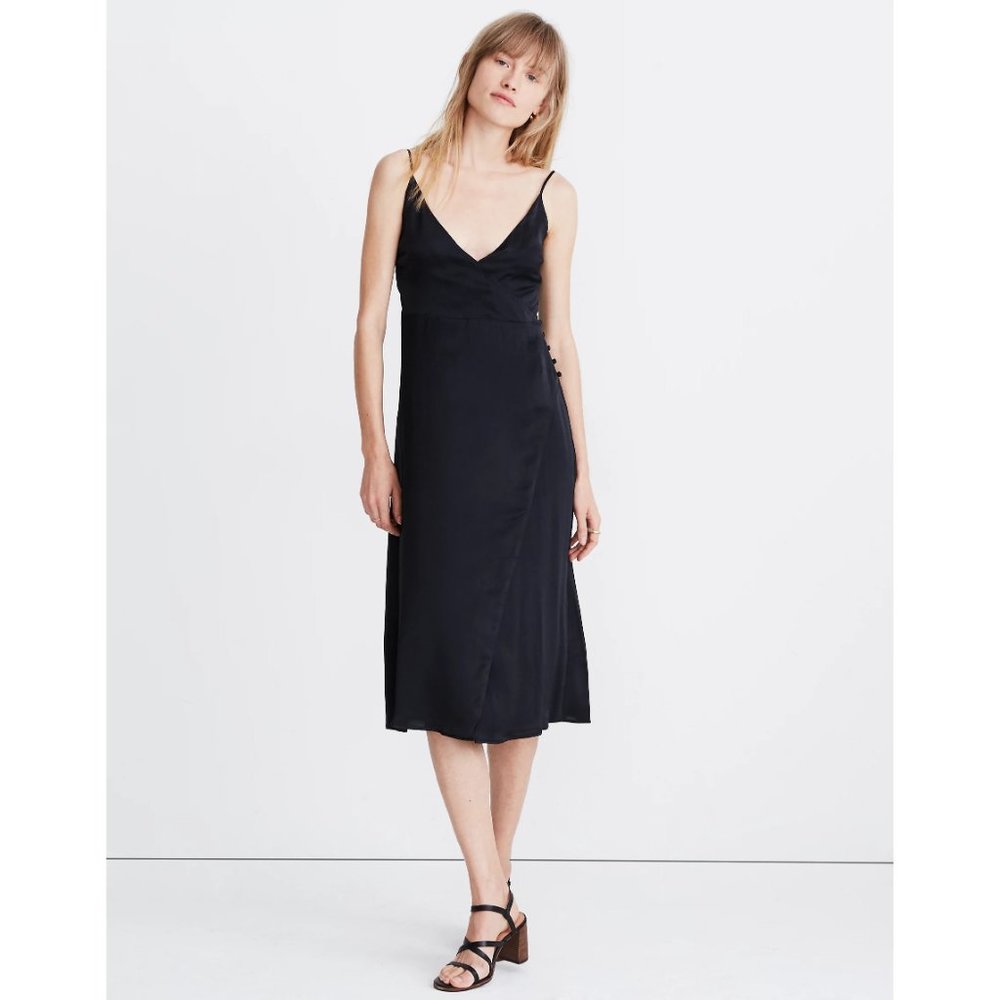 Womens Size 14 Madewell Black Satin Cami V-neck Side-Button Wrap Dress